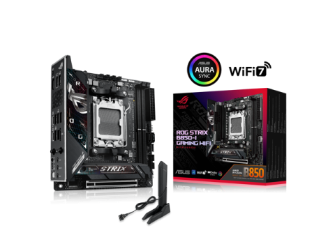 ASUS ROG STRIX B850-I GAMING WIFI AMD AM5 B850 Mini-ITX mITX motherboard 10+2+1 stages, DDR5, 2.5G LAN, WiFi 7, 2x M.2, PCIe 5.0 x16, USB 20Gbps Type-C, AI Overclocking, AI Networking II, Aura Sync