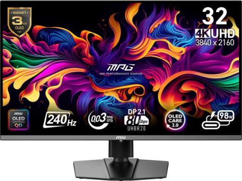 MSI 32" (31.5" Viewable) 240 Hz QD-OLED UHD Gaming Monitor FreeSync (AMD Adaptive Sync) 3840 x 2160 (4K),1xDisplay Port 2.1a, 2xHDMI 2.1 (UHD@240Hz),1xType C, MPG 322URX QD-OLED