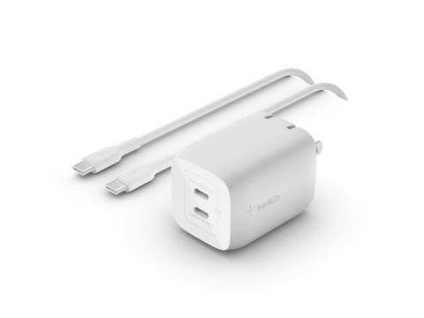 Belkin Dual USB-C GaN Wall Charger with PPS 65W + USB-C to USB-C Cable, White