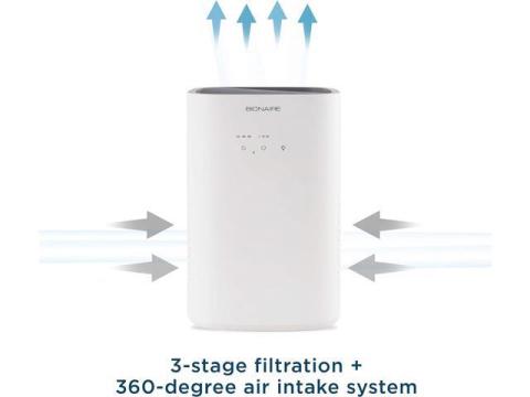 Bionaire True HEPA 360° Air Purifier for Medium Rooms, Air Filter for Allergens, Pets, and Dust with Quiet Setting and Night Light, 3 Speeds, White