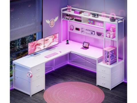 67" L Shaped Gaming Desk with Drawers, Reversible Computer Corner Desk with File Drawer, Hutch, Storage Shelves for Home Office, Gaming Two Person Desk with Led Lights, Power Outlet, White