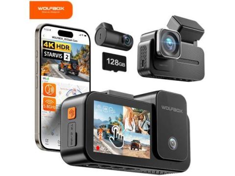 WOLFBOX X5 3-Channel 4K Dash Cam - Car Camera  with STARVIS 2 IMX678 Sensor, 4K+2.5K+1080P, 5.8GHz WiFi, GPS, Touch Screen, Voice Control, 128GB Card Included (Up to 512GB Support)