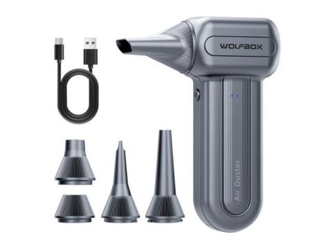 WOLFBOX DF60 Compressed Air Duster, 110000RPM Electric Air Duster, 3-Gear Rechargeable Cordless Air Blower for Computer Keyboard, Portable Air Blower with 5 Nozzle, Fast Charge, Gray