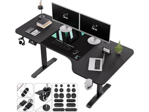 JWX Standing Adjustable Desk, 63 inches L Shaped Electric Standing Gaming Desk with Locking Wheels, Cup Holder, Headphone Hook, Cable Manager, Mouse pad, Carbon Fiber Textured Pane