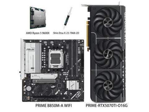 ASUS GPU& Motherboard &Thermal paste & CPU Combo, PRIME-RTX5070TI-O16G Graphics Card,PRIME B850M-A WIFI Motherboard, AMD Ryzen 5 9600X CPU, for Powering Advanced AI PC