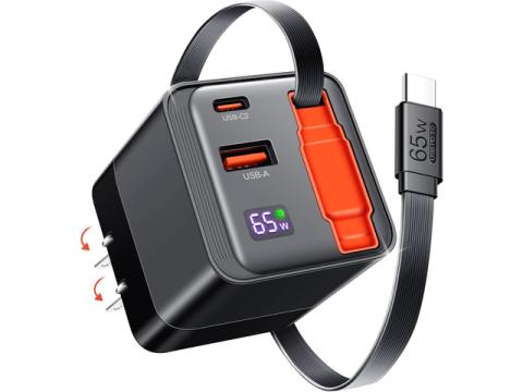 65W Retractable USB C Charger Block PD PPS Fast Charging Wall Charger with Retractable Type-C Cable and Dual Port Portable GaN3 with Foldable Plug for MacBook iPhone 16 iPad Galaxy Pixel
