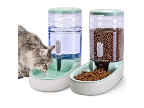 Automatic Dog Cat Feeder and Water Dispenser Gravity Food Feeder and Waterer Set with Pet Food Bowl for Small Medium Dog Puppy Kitten, Large Capacity 1 Gallon x 2