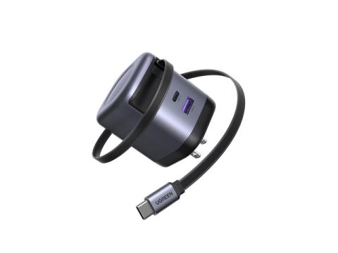 UGREEN Nexode 65W GaN USB C Retractable Charger with Built-in Cable, 2-Port Fast Charging Wall Adapter for iPhone 17/16/15, Galaxy S26/S25/S24, Pixel 10/9/8, MacBook Pro/Air/Neo, iPad, AirPods