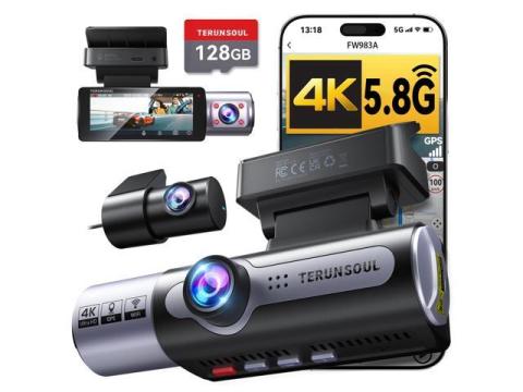 4K Dash Cam Front and Rear, Full HD 3 Channel Dashcam, Free 128GB MicroSD Card, Built-in 5.8GHz WiFi Built-in GPS, Collision Sensor, Night Vision, HDR, 3.16" IPS, 24H Parking ModeBlack