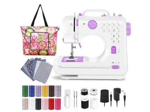 Sewing Machine for Beginners, Electric Mini Portable, 12 Built-in Stitches with Reverse Sewing, 2 Speeds Double Thread with Foot Pedal, Storage Bag, Cotton Fabric and Threads(Premium Set)