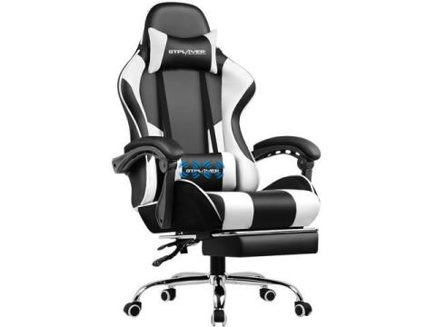 Gaming Chair, Computer Chair with Footrest and Lumbar Support, Height Adjustable Game Chair with 360°-Swivel Seat and Headrest and for Office or Gaming (Pearl White)