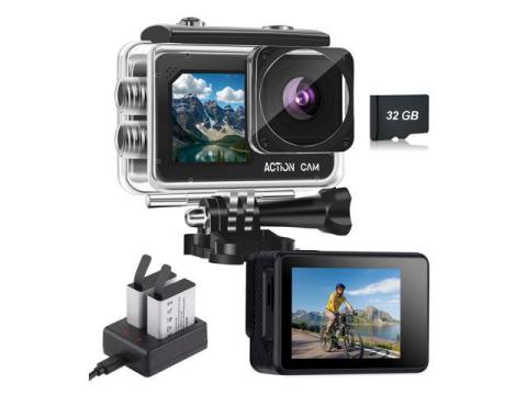 Action Camera FHD 1080P 16MP with 32GB Memory Card - 131FT/40M Waterproof Dual Screen Sports Camera,2X Batteries & Multifunctional Accessories Kit for Helmet, Bicycle