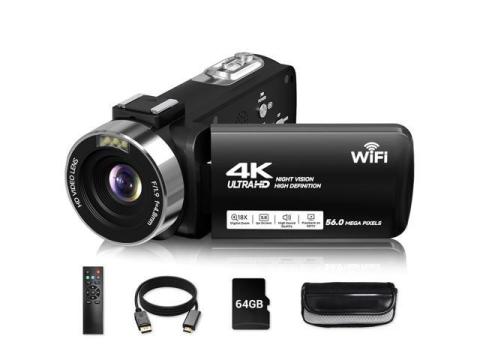 Video Camera, 4K Camcorder 56MP Digital Video Recorder 18X Zoom 3" 270° Rotation Touchscreen IR Night Vision, Wifi Vlogging Camera for YouTube 64GB Card Anti-Shake Remote Control Camera Bag Lens Cap