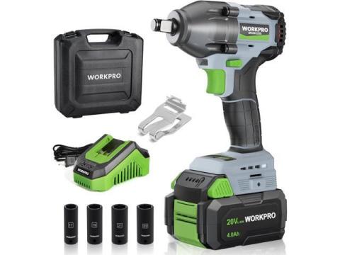 WORKPRO Cordless Impact Wrench 1/2 inch, 20V Brushless Impact Gun, High Torque 370 Ft-Lbs (500N.M), Variable Speeds, with 4.0 Ah Battery, Fast Charger, 4 Impact Sockets and Storage Case