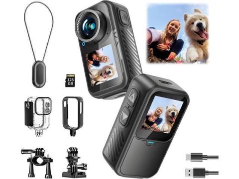 Mini Action Camera 4K | 128G Thumb Sports Camera with EIS Stabilization, Wearable POV Chest Camera, Waterproof for Running, Cycling, Swimming, Hiking, Outdoor Adventures